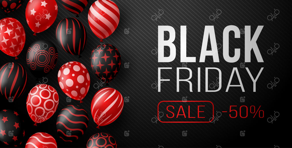 بنر افقی حراج جمعه سیاه با بادکنک‌های براق قرمز و مشکی در پس‌زمینه تیره و فضایی برای متن. تصویرسازی.