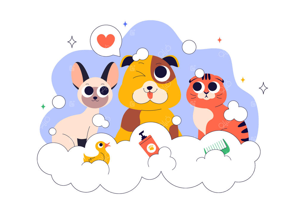 تصویرسازی ابزارهای نظافت حیوانات خانگی و تمیزی حیوانات به سبک کارتونی