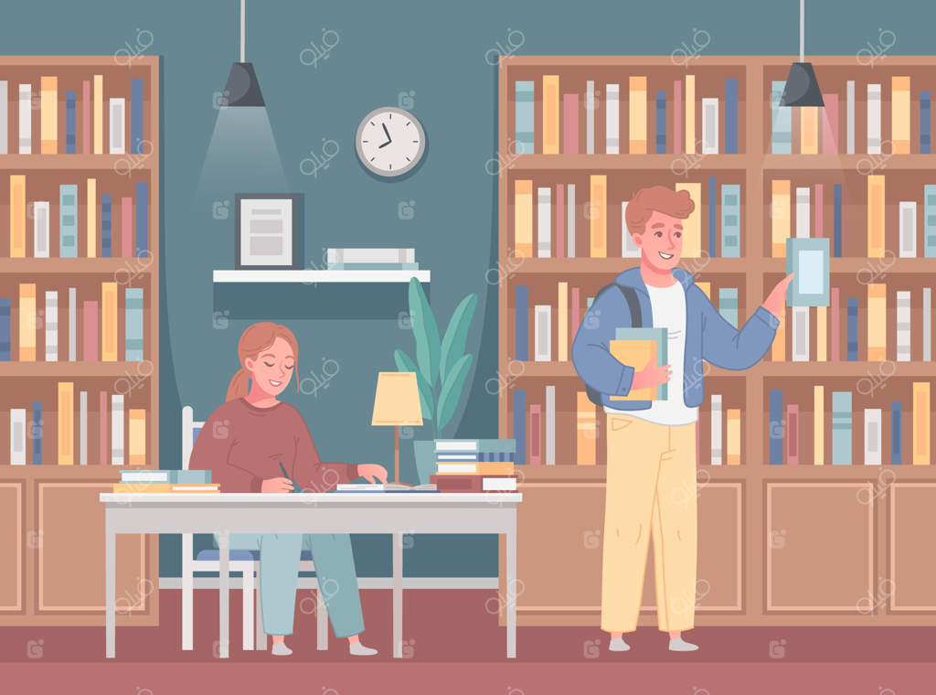 کتابخانه دانشگاه: مکانی برای مطالعه دانشجویان و اساتید، امانت و رزرو کتاب و دسترسی آنلاین به مقالات علمی (تصویرسازی کارتونی)