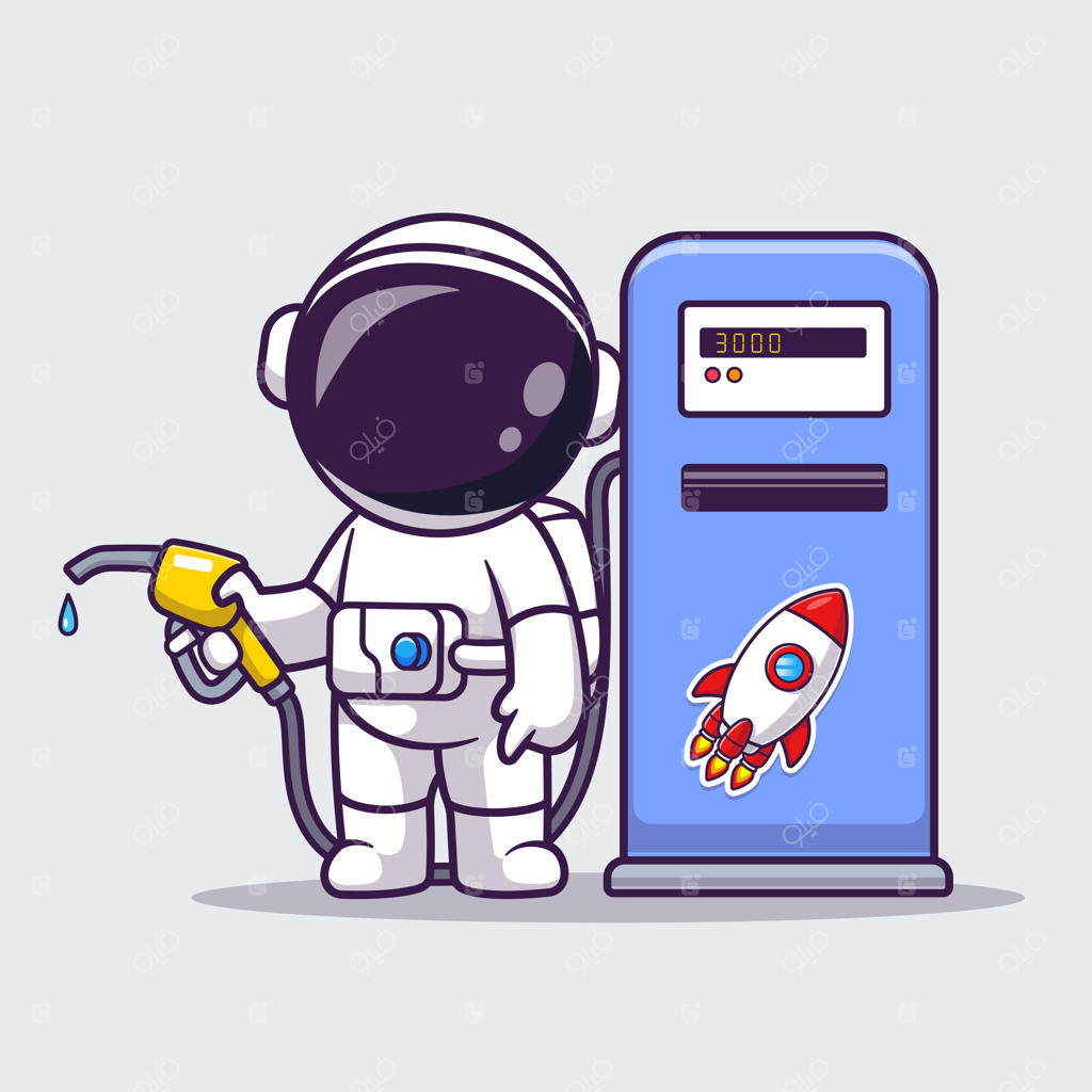 آیکون کارتونی وکتور فضانورد بامزه در پمپ بنزین موشکی. علم و فناوری جدا شده