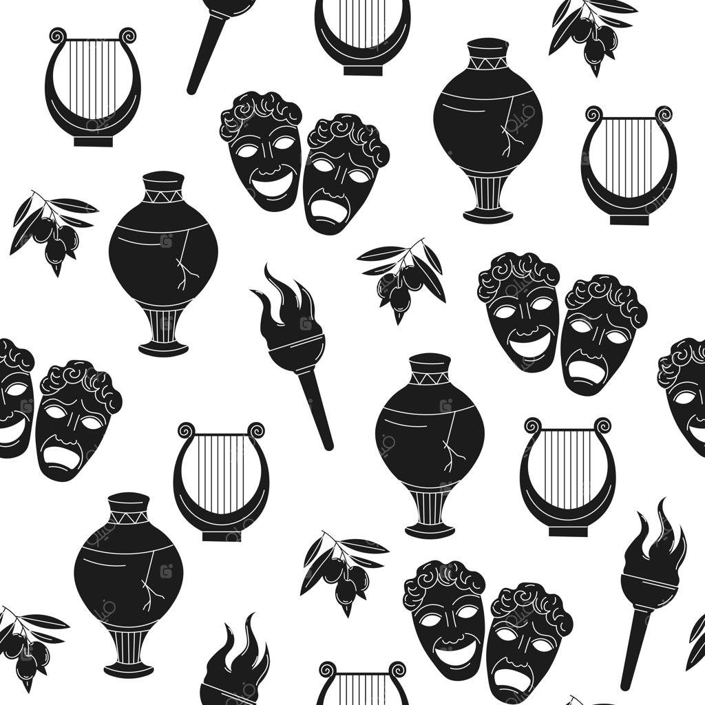 الگوی بدون درز آنتیک با طرح یونان و رم باستان شامل صورتک نمایشی، گلدان، آتش، زیتون و چنگ