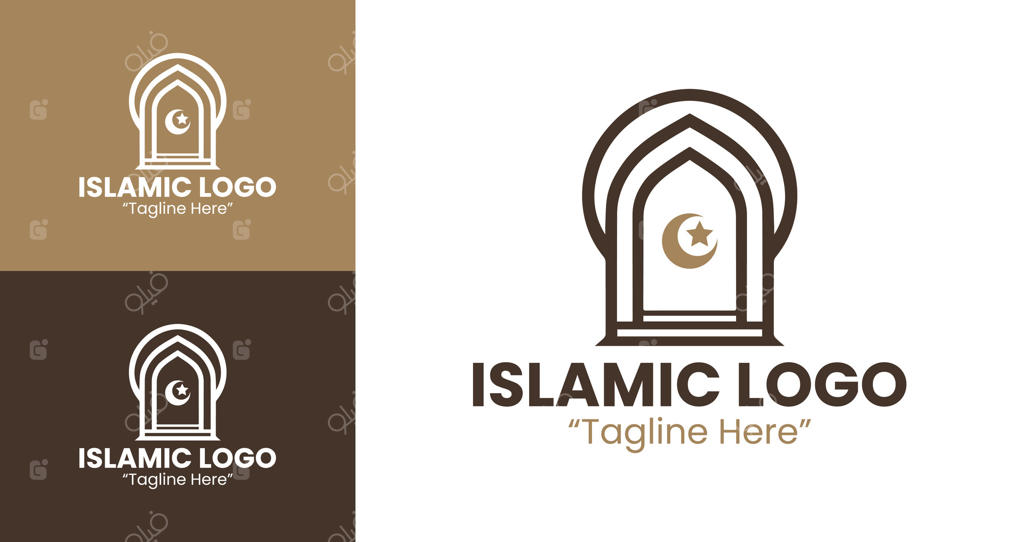 طراحی لوگوی اسلامی مدرن و مینیمالیستی برای برندینگ در رنگ‌های قهوه‌ای و آبی تیره