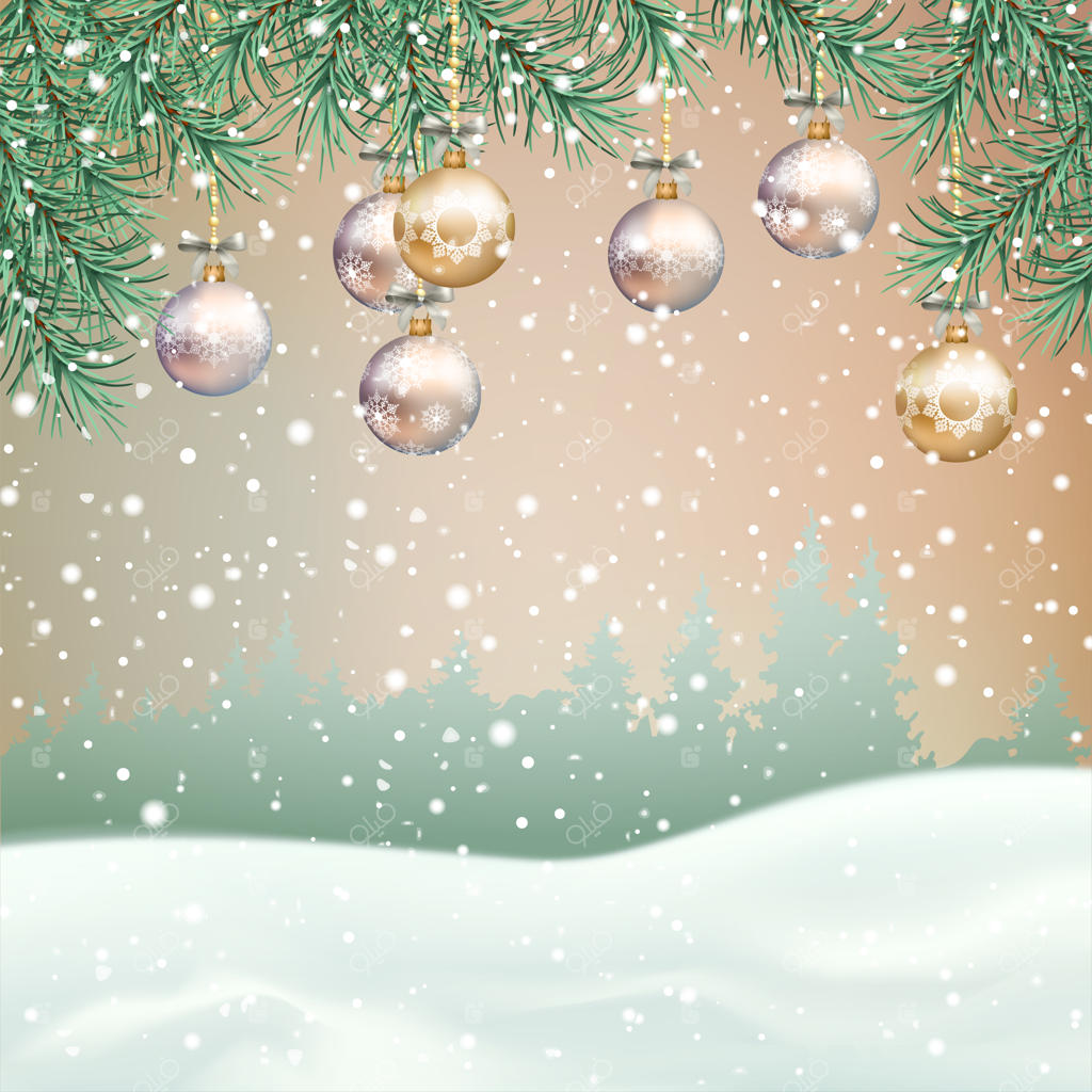 منظره زمستانی کریسمس با شاخه‌ها و تزئینات درخت کریسمس