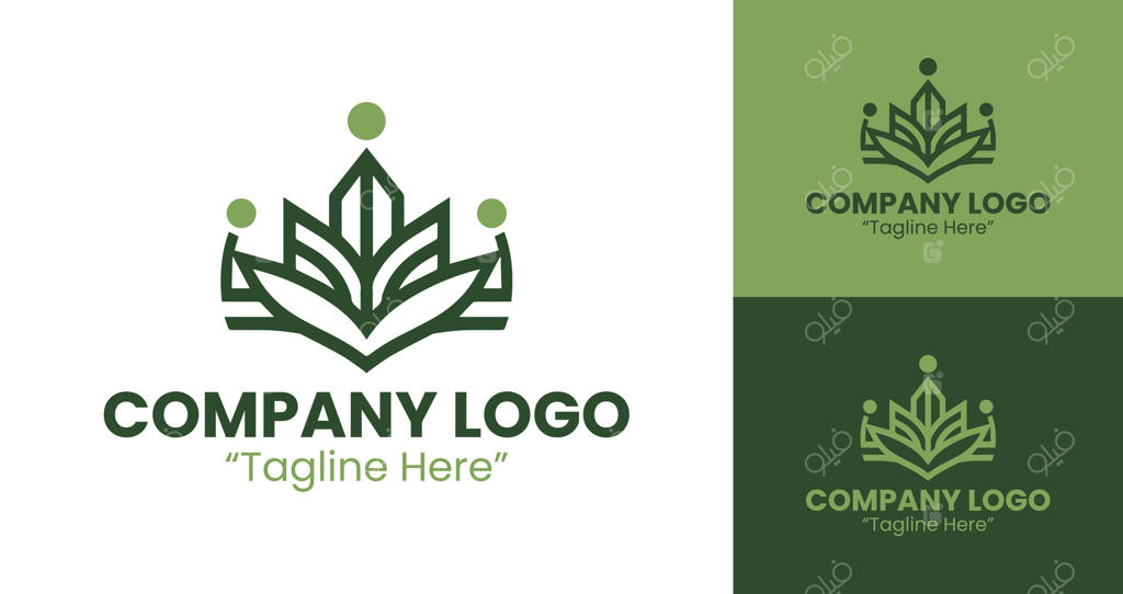 لوگوی مینیمالیستی شرکت با نماد برگ و شکل کتاب برای برندینگ سبز در رنگ زیتونی