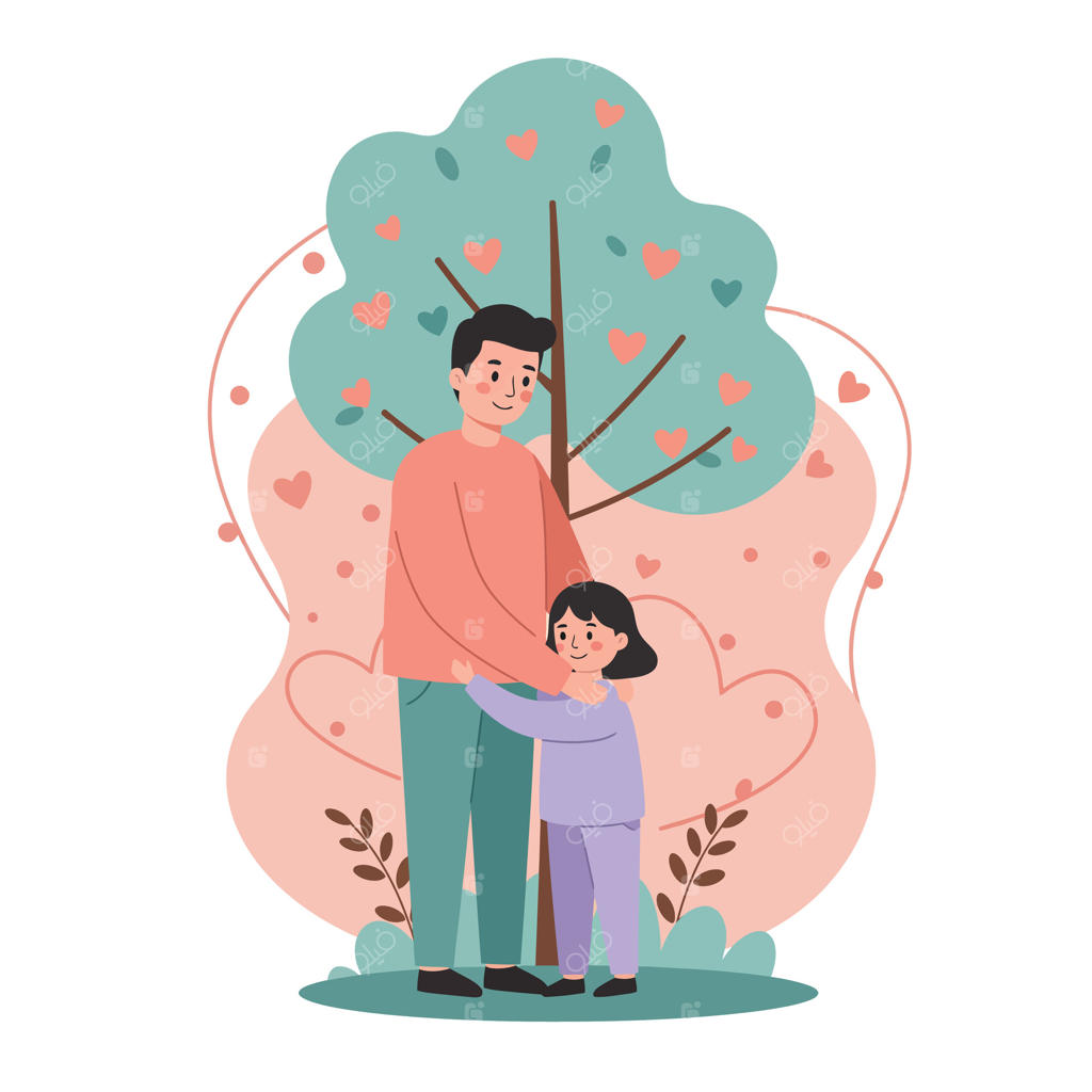 پدر و دختری در آغوش یکدیگر زیر درخت سبز با قلب‌هایی که عشق و محبت را نشان می‌دهد