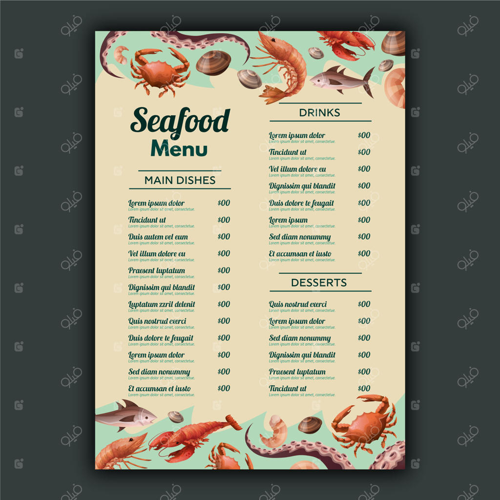 قالب منوی غذای دریایی