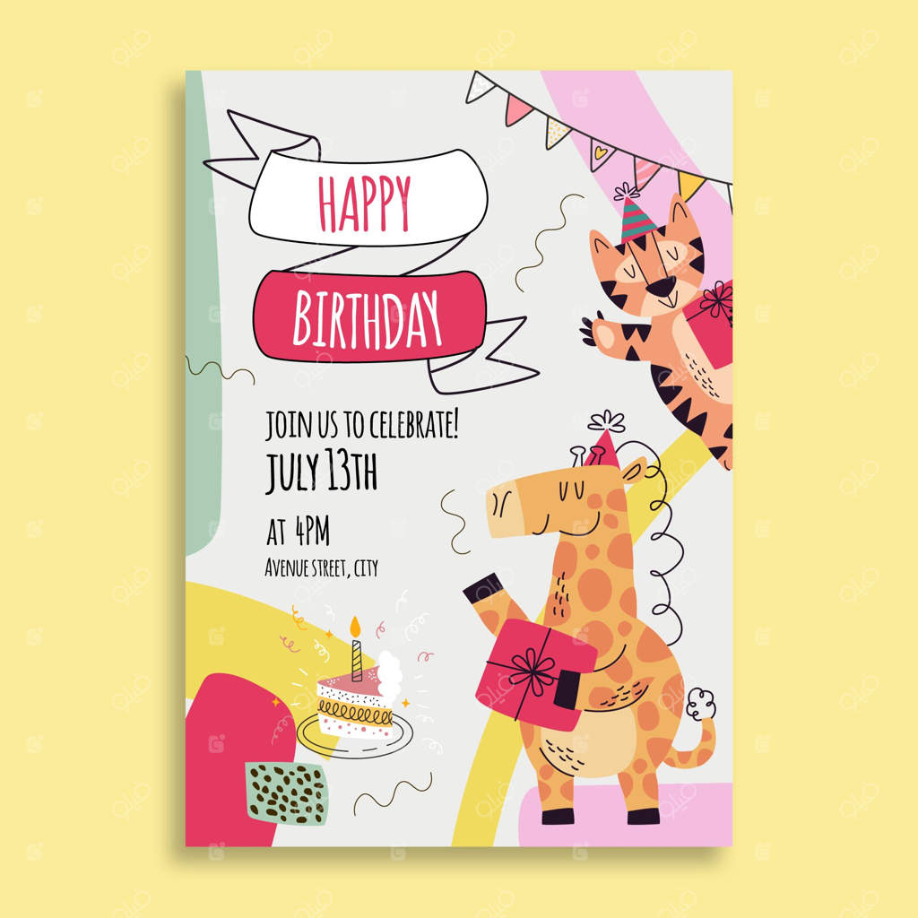 پترن دعوت‌نامه تولد با طرح حیوانات دست‌ساز