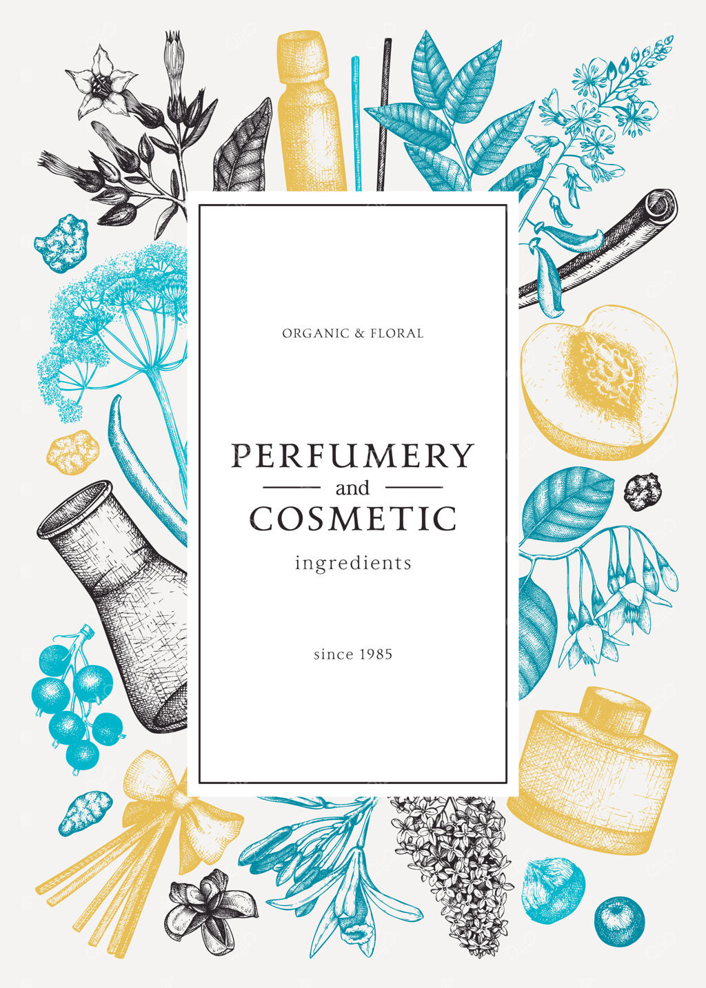 قاب وکتور با میوه‌های معطر و گل‌ها: طراحی قالب گیاهی برای دعوت‌نامه یا کارت تبریک با ترکیبات عطری و دارویی در عطرسازی و لوازم آرایشی