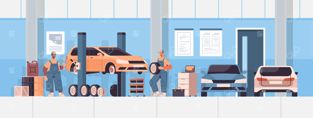 مکانيک‌های نژادهای مختلف در حال کار و تعمير خودرو؛ سرويس، تعمير و بررسی ماشين در يک ايستگاه نگهداری و تعميرات