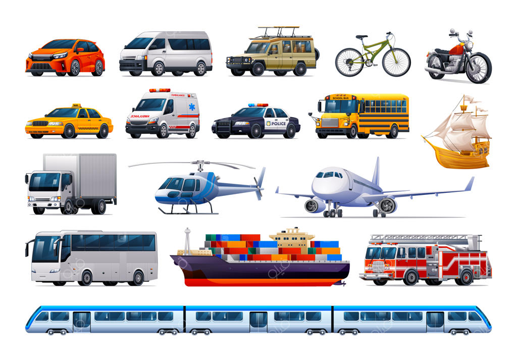 مجموعه تصویرسازی وکتور کارتونی انواع وسایل نقلیه