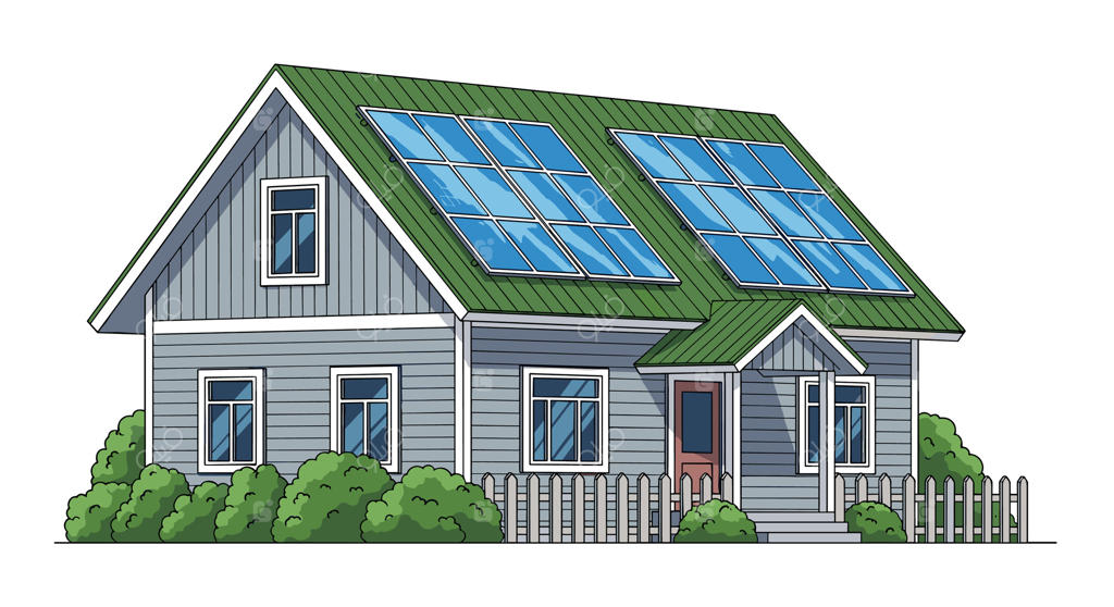 خانه ای کارتونی با سلول‌های خورشیدی روی سقف