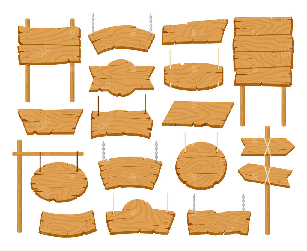 مجموعه‌ای از تابلوهای چوبی کارتونی، بنرهای قدیمی و روبان‌های طرح‌بندی وکتور