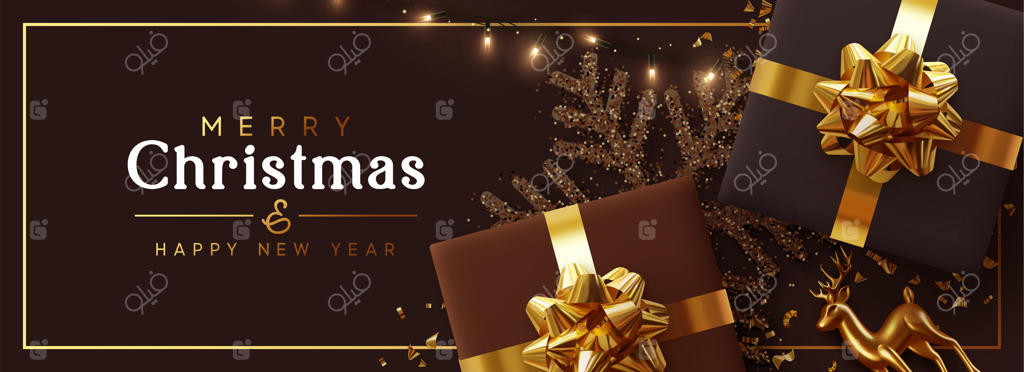 پس‌زمینه تعطیلات: کریسمس شادی و سال نو مبارک. طراحی کریسمس با اجسام جشن واقع‌گرایانه، ریسه‌های نورانی درخشنده، جعبه‌های هدیه قهوه‌ای و مشکی با روبان‌های پر زرق و برق، پولک‌های طلایی و گوزن طلایی