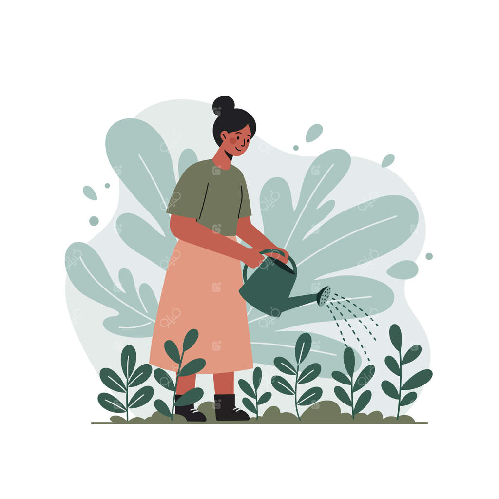 زنی که در باغ با لباس راحتی و در فضای سبز گیاهان را آب می‌دهد، فعالیتی طبیعی و الهام‌بخش زندگی روزمره.