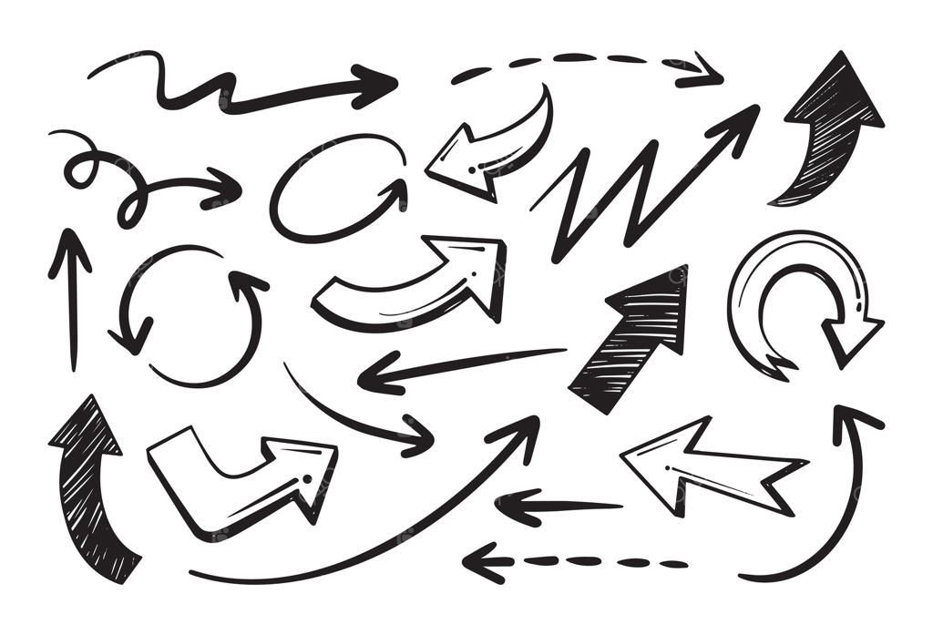 پیکان‌های سیاه و سفید دست‌کشیده با اشکال و جهت‌های متنوع روی زمینه سفید. تصویر کارتونی