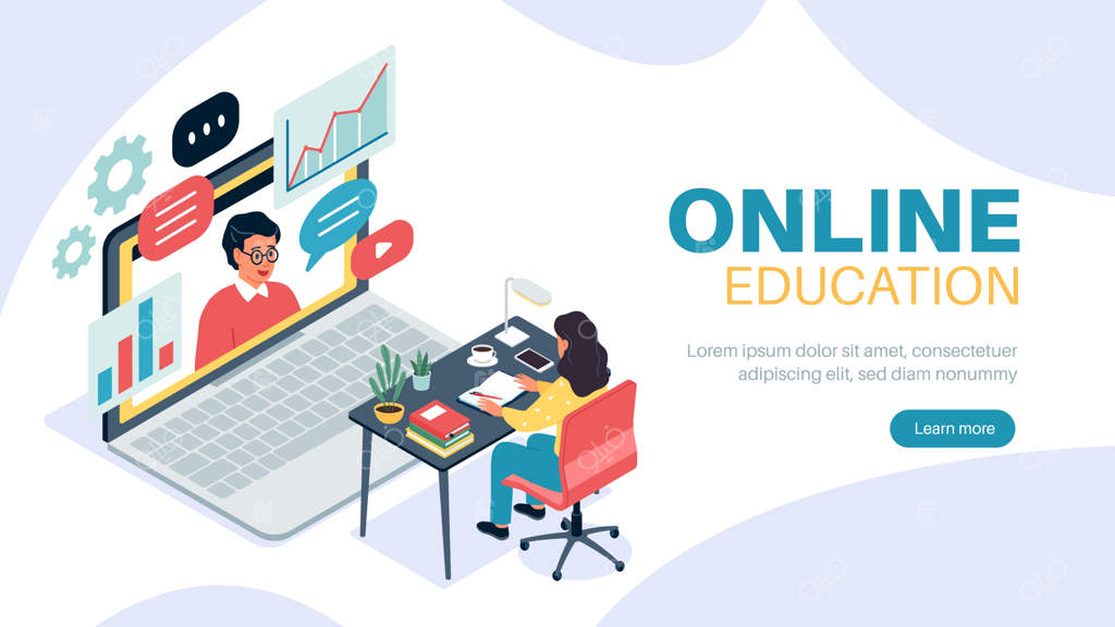 یادگیری از راه دور ایزومتریک: زن پشت میز نشسته و لپ‌تاپ بزرگ با تصویر معلم روی صفحه، تدریس یا سمینار آنلاین استاد مرد برای دانشجو یا دانش‌آموز مدرسه، وبینار اینترنتی مفهوم وکتور