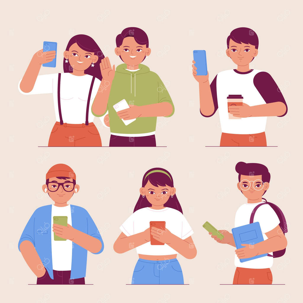 تصویر های دستی جوانان در حال استفاده از تلفن همراه