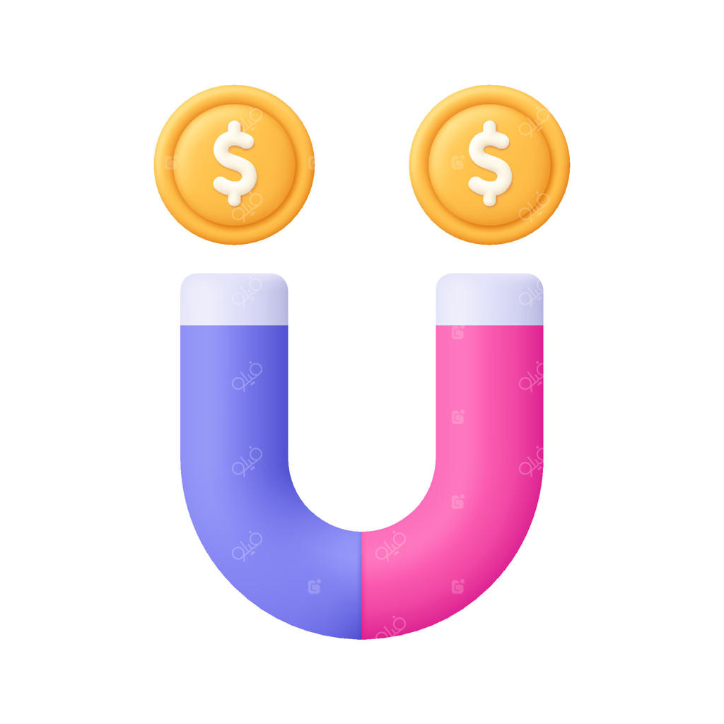 آهنربا و سکه با علامت دلار: مفهوم بازاریابی، سرمایه‌گذاری، پس‌انداز، تجارت و امور مالی. آیکون سه‌بعدی به سبک کارتونی و مینیمال.