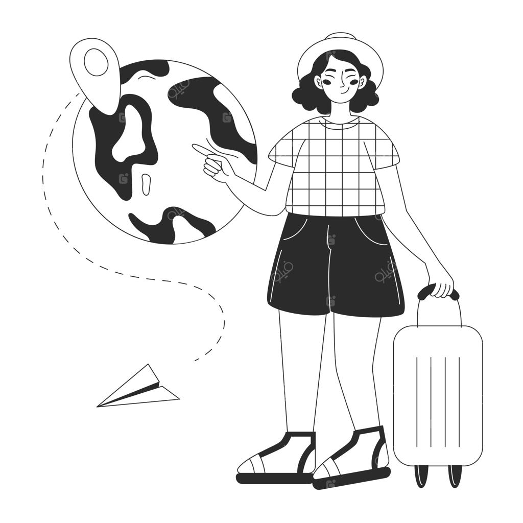 زن مسافر با چمدان، آماده برای ماجراجویی و سفر به مقصد؛ طرح خطی