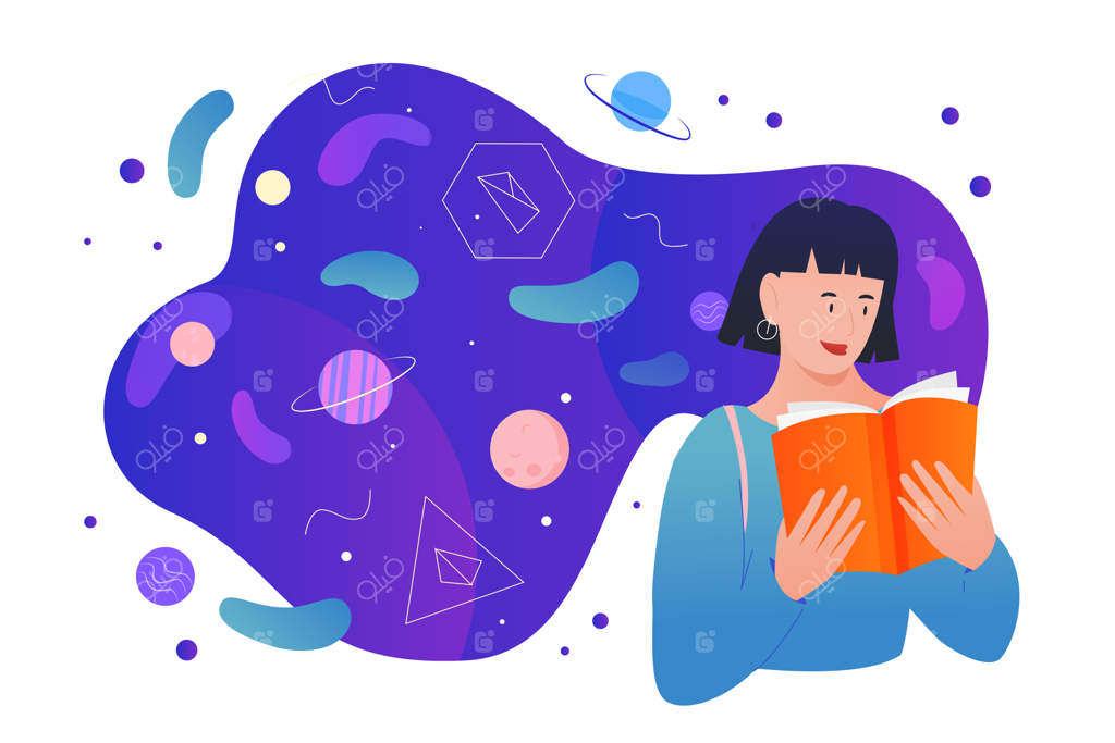 مطالعه کتاب‌های علمی، شخصیت کارتونی دانش‌آموز جوان در حال مطالعه و خواندن کتاب‌های علمی