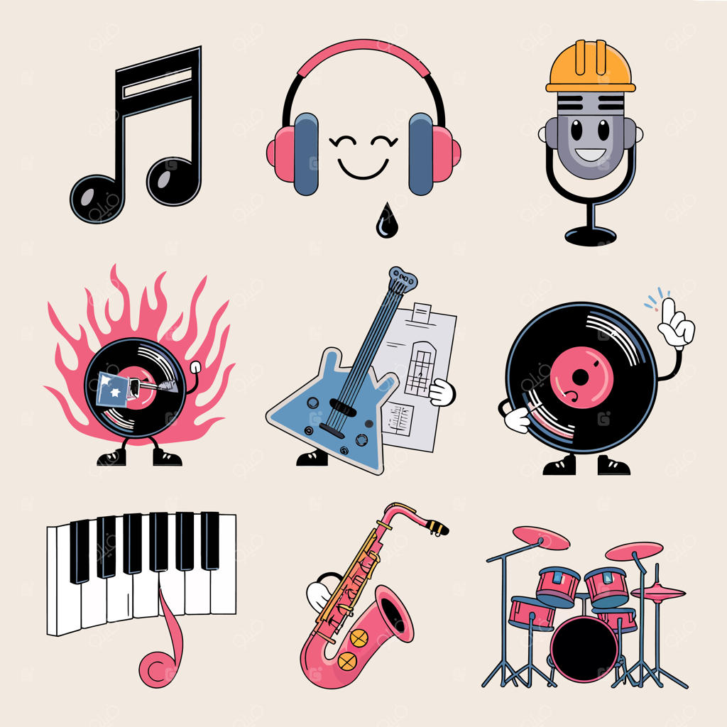 آیکون وکتور کاراکتر موسیقی با طراحی بامزه و نمادهای آهنگ