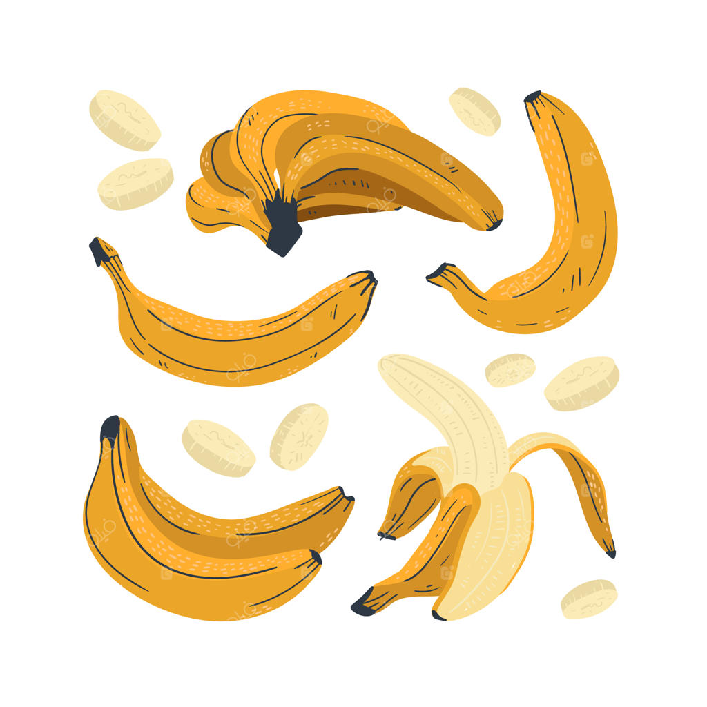 مجموعه اشیاء بامزه موز: موز کامل، نصف شده و برش زده شده