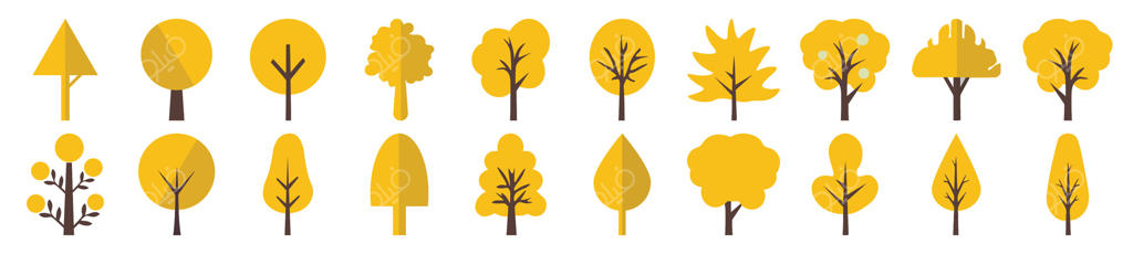 مجموعه‌ای از طرح‌های مسطح درختان پاییزی زرد و شاداب. مناسب برای اینفوگرافیک‌ها، کتاب‌ها، بنرها و سایر طراحی‌ها