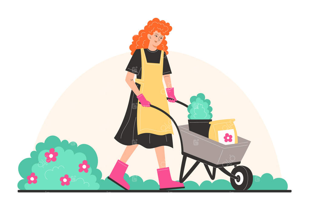 زن جوانی با لباس باغبانی در حال حمل چرخ‌دستی با گلدان‌ها و کود است