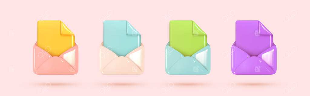 مجموعه آیکون پاکت باز ایمیل با سند. نامه پستی. طراحی سه‌بعدی واقعی با رنگ‌های مختلف. تصویر برداری