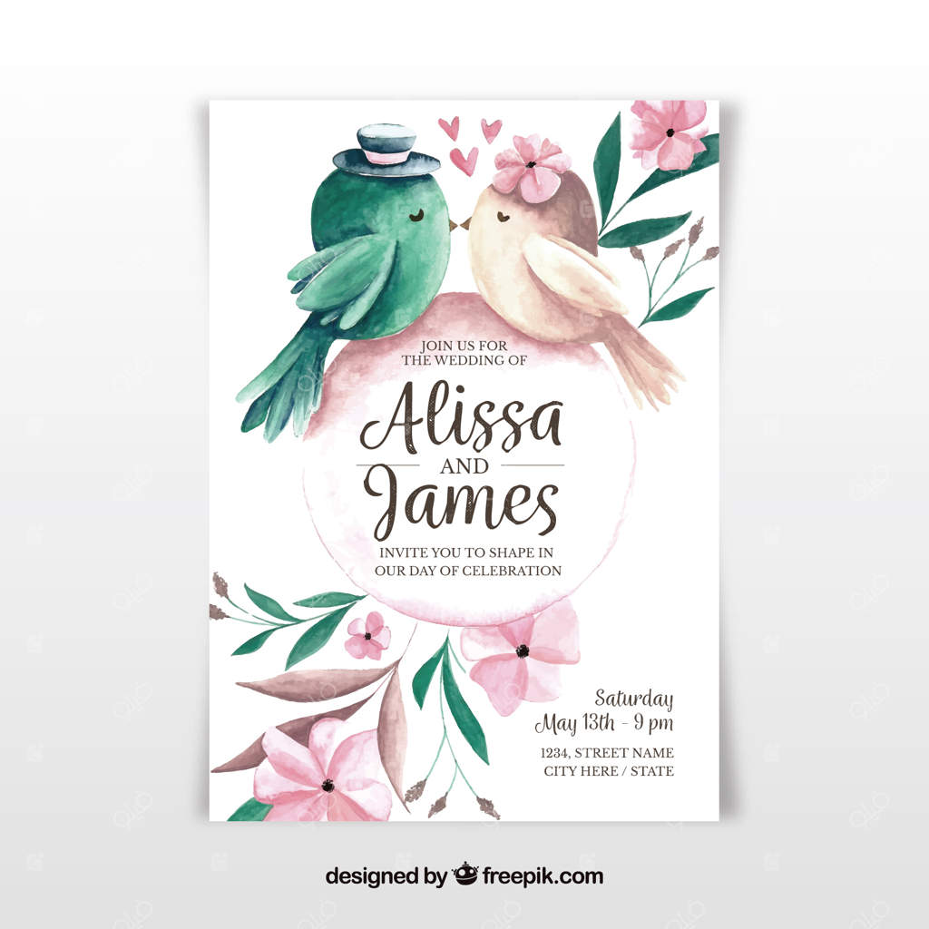 دعوتنامه عروسی با طرح آبرنگ و پرنده‌ها