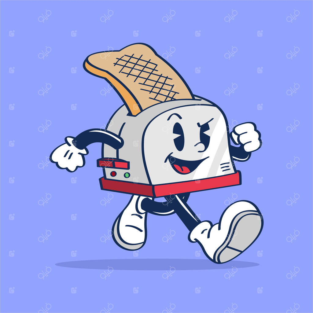 تصویر دستی وکتوری از شخصیت کارتونی یک توستر در حال دویدن