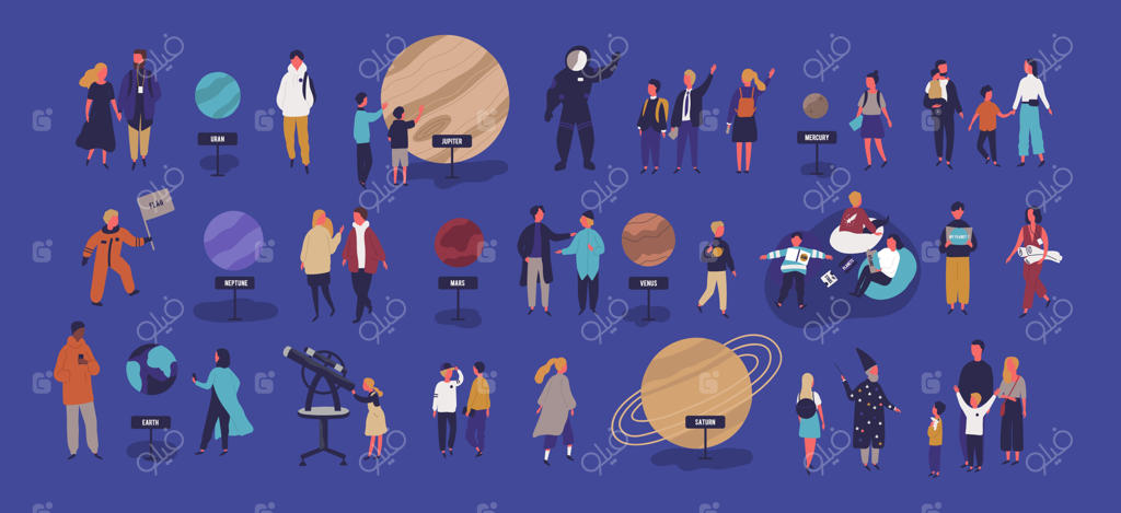 بازدید آدمک‌های کوچک از آسمان‌نما و تماشای اجرام آسمانی و سیارات نظام خورشیدی - سرگرمی برای کودکان و بزرگسالان. تصویرسازی رنگارنگ با سبک مدرن و کارتونی.