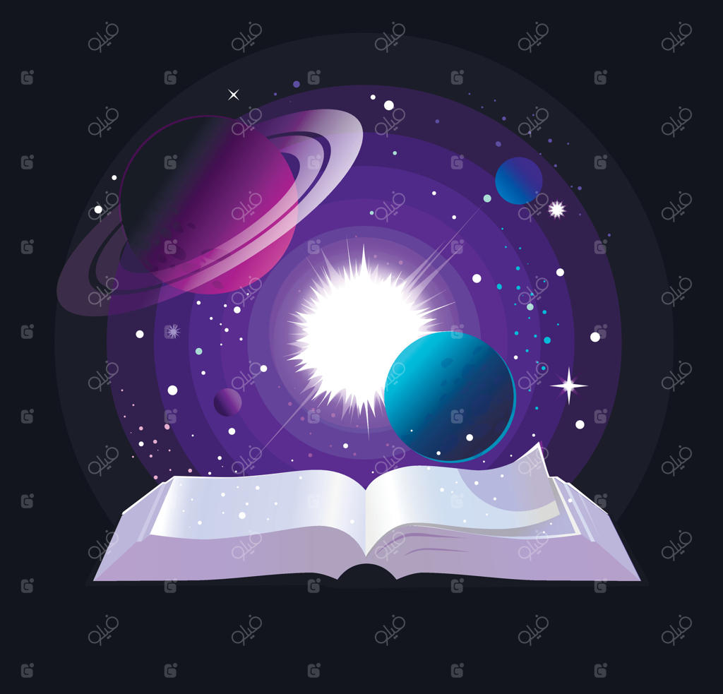 کتاب باز و جهان هستی؛ تصویر هنری و جادویی از فوران نور، سیارات و کهکشان‌ها در فضا، نماد تخیل، فانتزی، دانش و خلاقیت