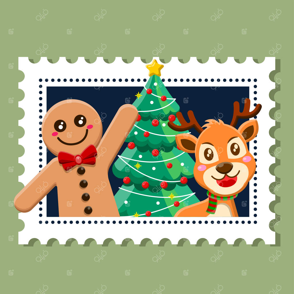 تمبر طراحی تخت کریسمس با درخت زنجبیلی و گوزن کریسمسی