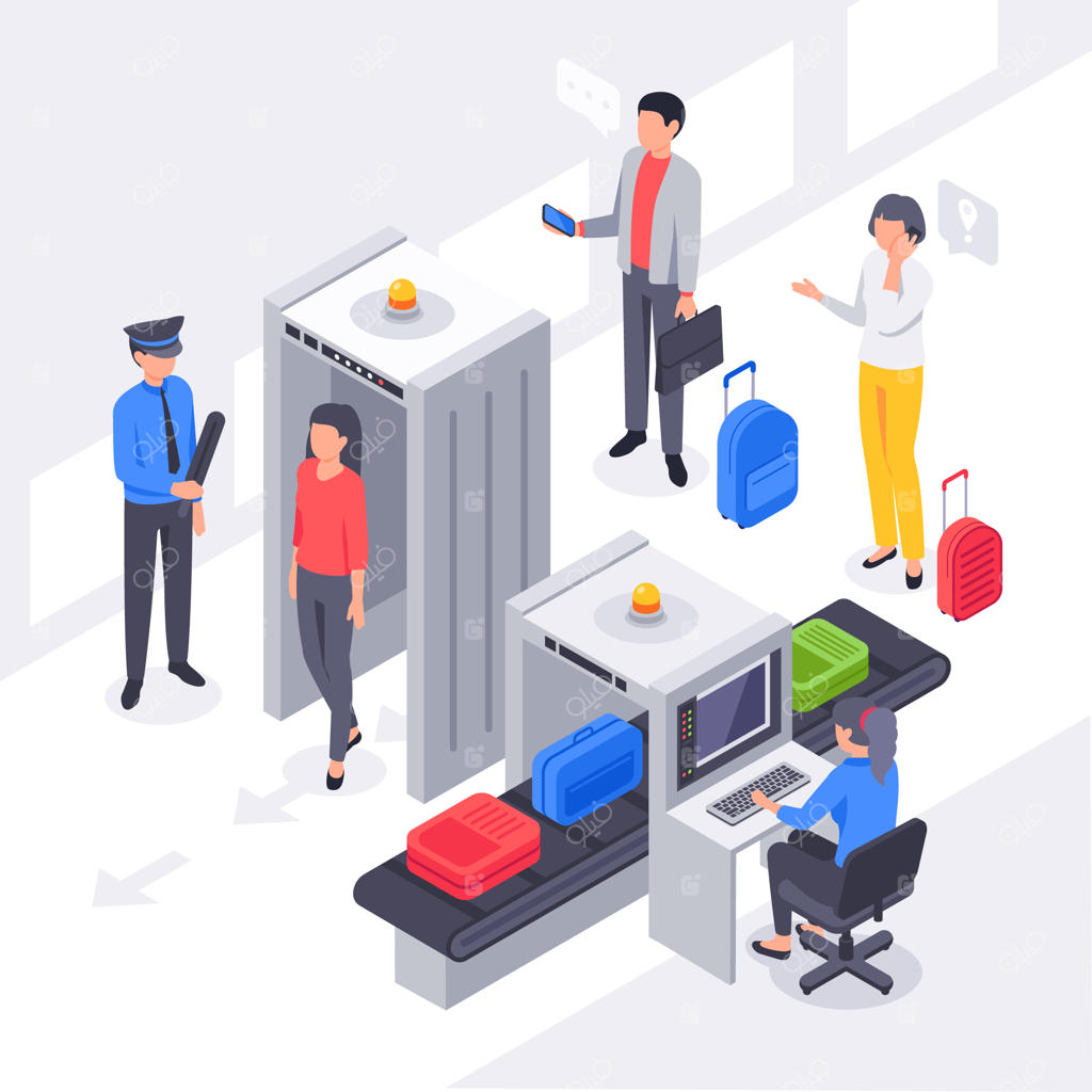امنیت فرودگاه به صورت ایزومتریک: اسکن با ایکس‌ری، بررسی بار مسافران و عبور از گیت‌های فلزیاب همراه با تصویرسازی وکتور