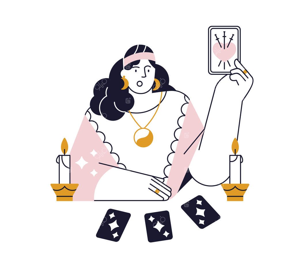 فالگیر در حال خواندن کارت‌های تاروت، پیشگویی آینده و سرنوشت. پیشگو در حال پیش‌بینی تقدیر. زن کولی در حال فال‌گیری. تصویر مسطح از پیشگو در پس‌زمینه سفید.