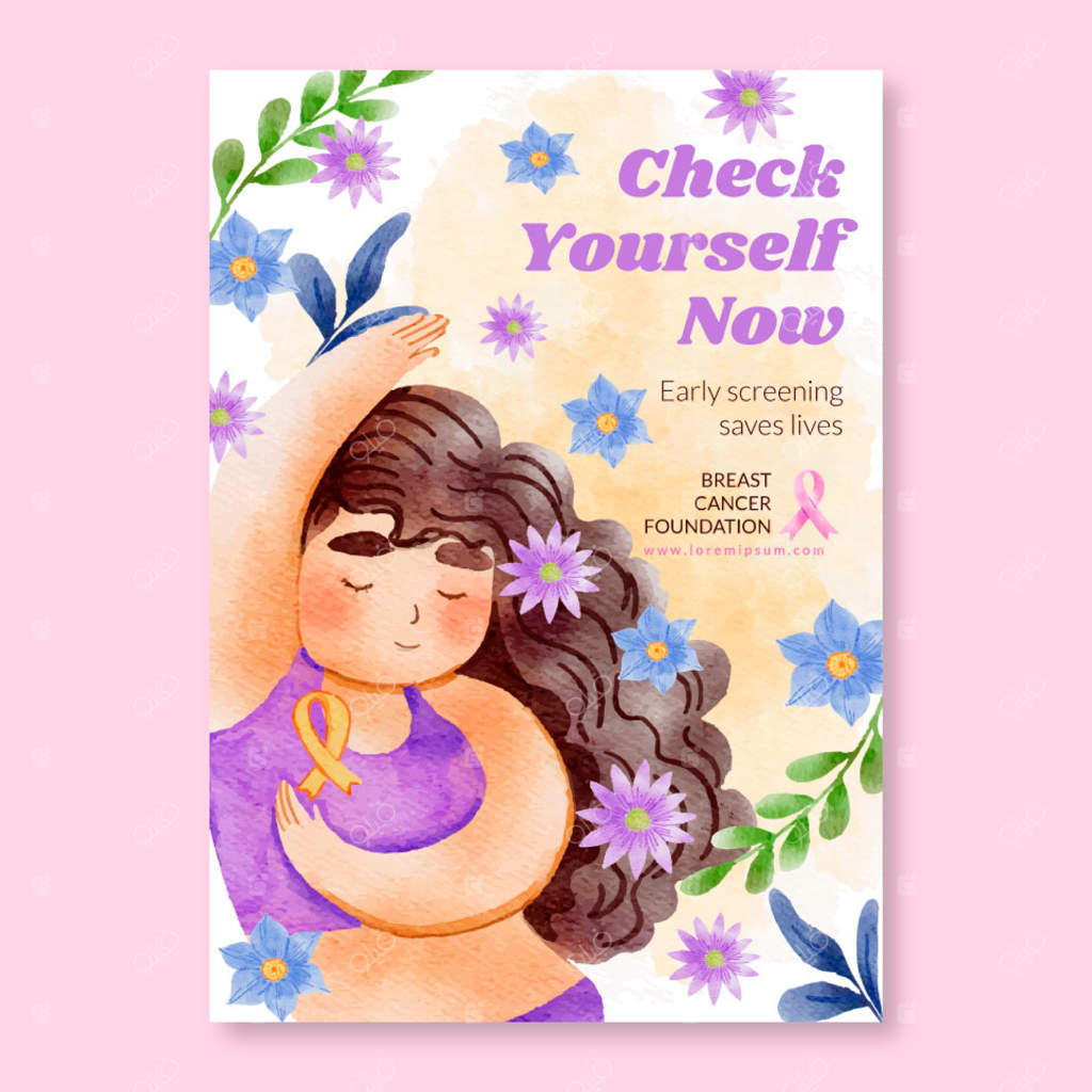 قالب پوستر عمودی آگاهی از سرطان پستان با طرح آبرنگی