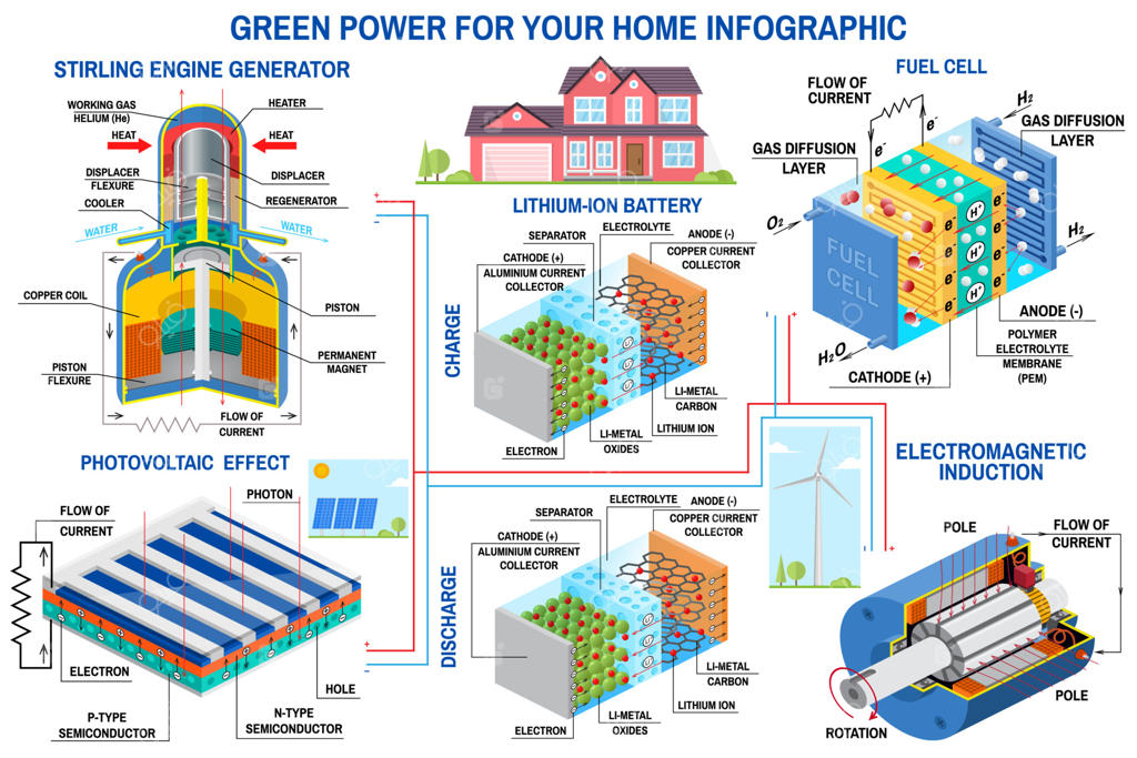 اینفوگرافیک تولید انرژی سبز: توربین بادی، پنل خورشیدی، باتری، ژنراتور استرلینگ، سلول سوختی. انرژی پاک و جایگزین.