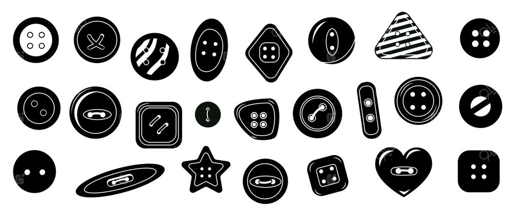 ست دکمه‌های لباس مشکی - آیکون‌های ساده دوخت و عناصر دایره‌ای طراحی مد برای صنعت نساجی و لوازم جانبی მოდა ژرنال