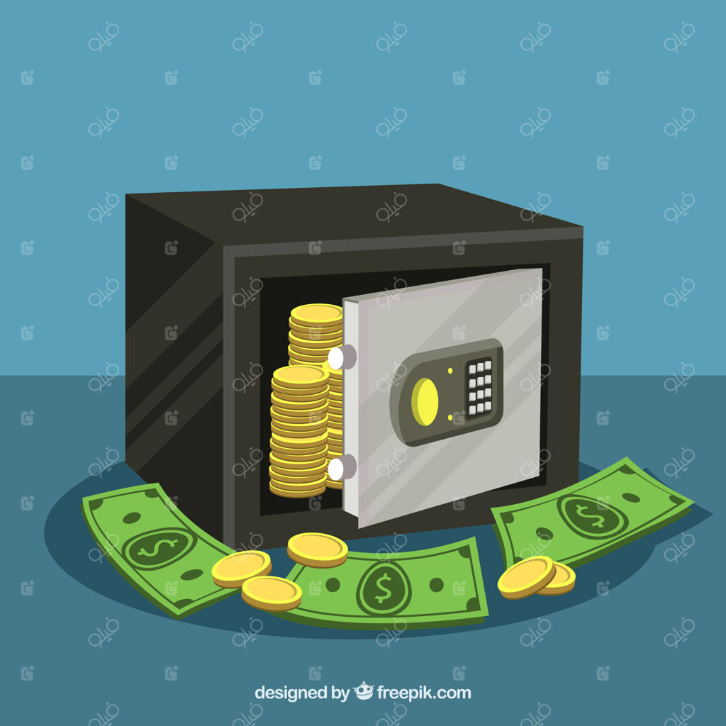 پشت‌زمینه گاوصندوق با سکه‌ها و اسکناس‌ها