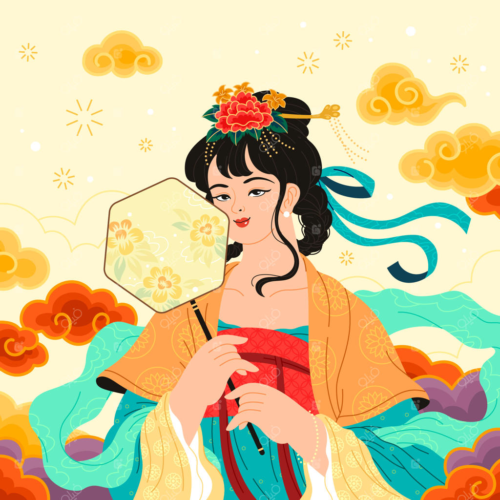 بانوی چینی زیبا با بادبزن در لباس سنتی