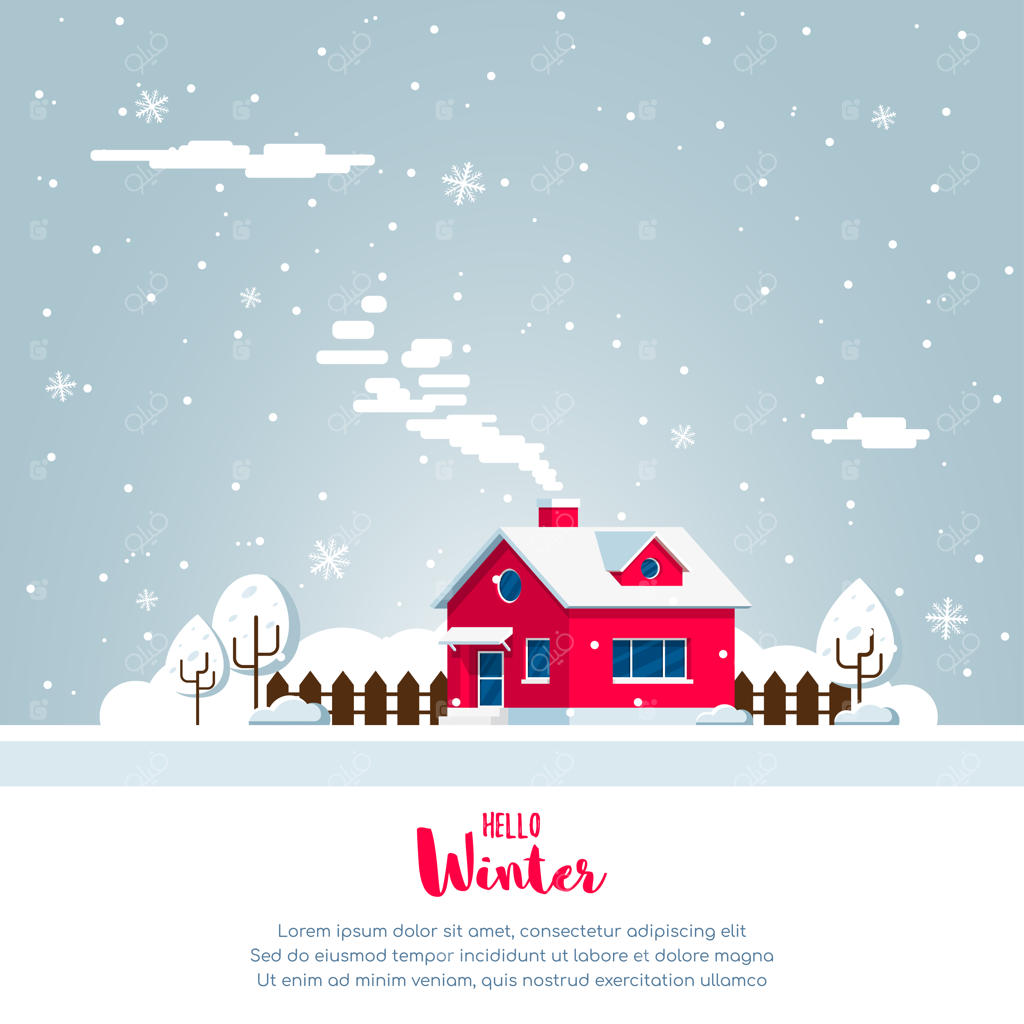 منظره زمستانی با خانه روستایی