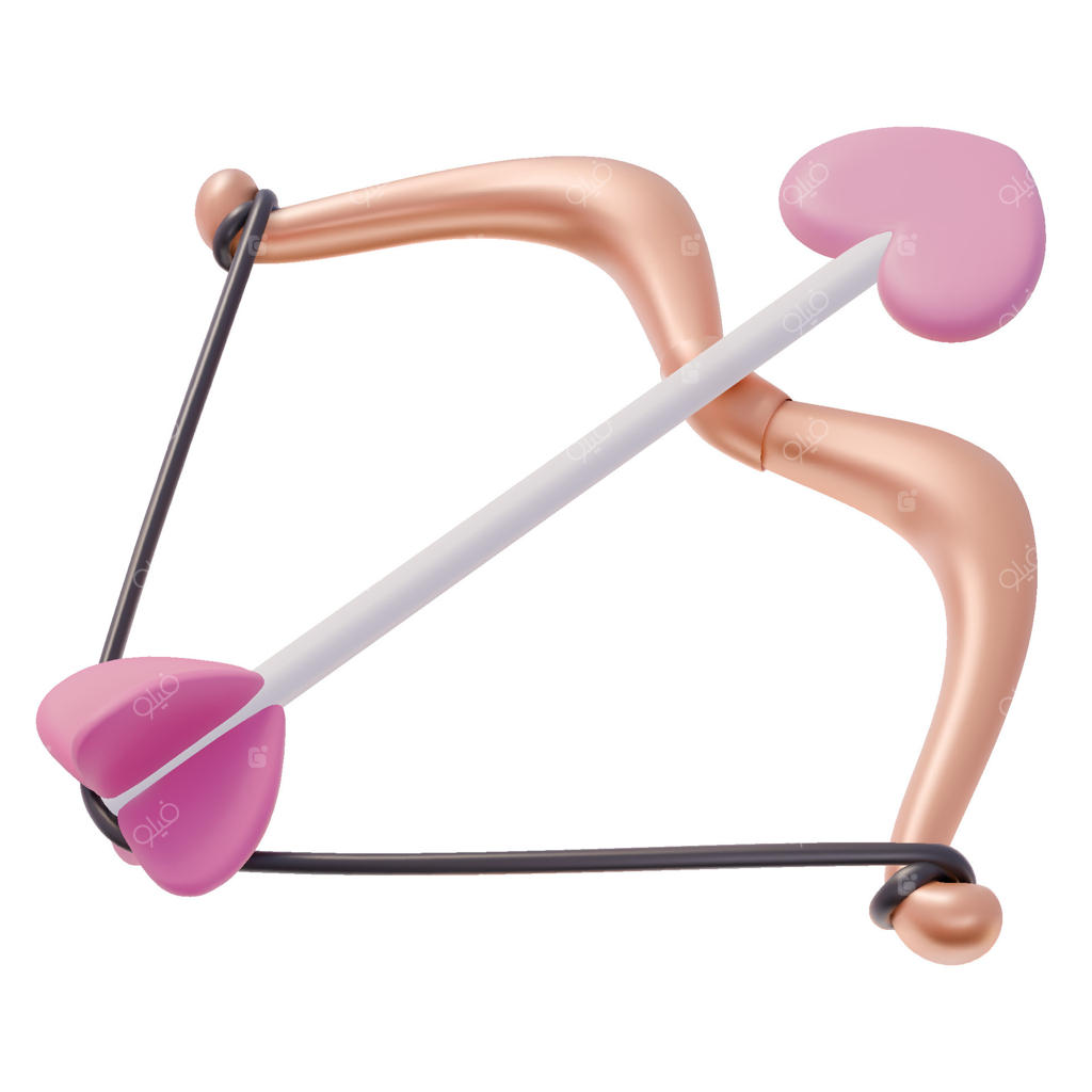 کمان طلایی 3D کیوپید و پیکان عشق همراه با قلب. نماد عشق. تصویرسازی واقع‌گرایانه. آیکون سه‌بعدی