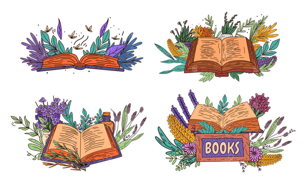کتاب‌های باز با عناصر گل‌دار: طبیعت و گیاهان رنگارنگ اطراف کتاب‌ها نقاشی هنری