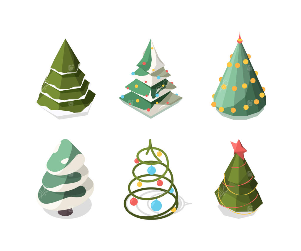 درخت کریسمس ایزومتریک: مجموعه‌ای از نمادها و تزئینات گیاهی سال نو و درختان سبز کریسمس