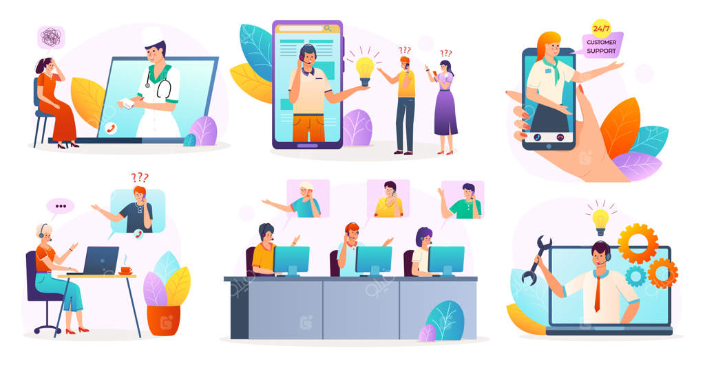 مجموعه‌ای از تصاویر خدمات پشتیبانی آنلاین مشتری بر روی پس‌زمینه سفید