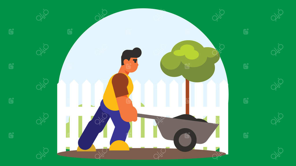 تصویری از کشاورزی در حال کاشت یک درخت در باغی سرسبز و پوشیده از گیاهان انبوه