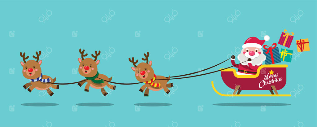 سورتمه بابانوئل به سوی دنیا برای توزیع هدایا به کودکان حرکت می‌کند. کارت‌های تبریک و دعوتنامه‌های زیبای کریسمس مبارک.