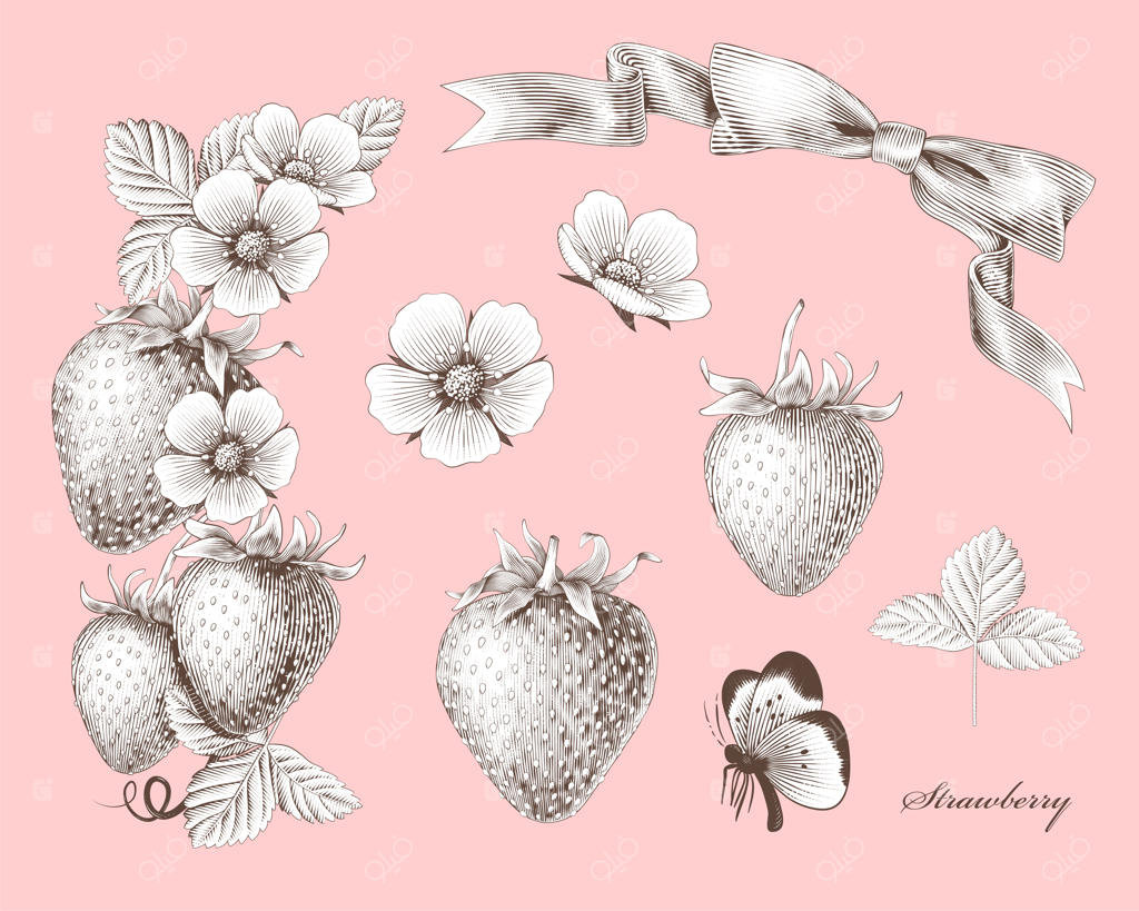 المان‌های حکاکی‌شده توت‌فرنگی و گل روی سطح صورتی روشن