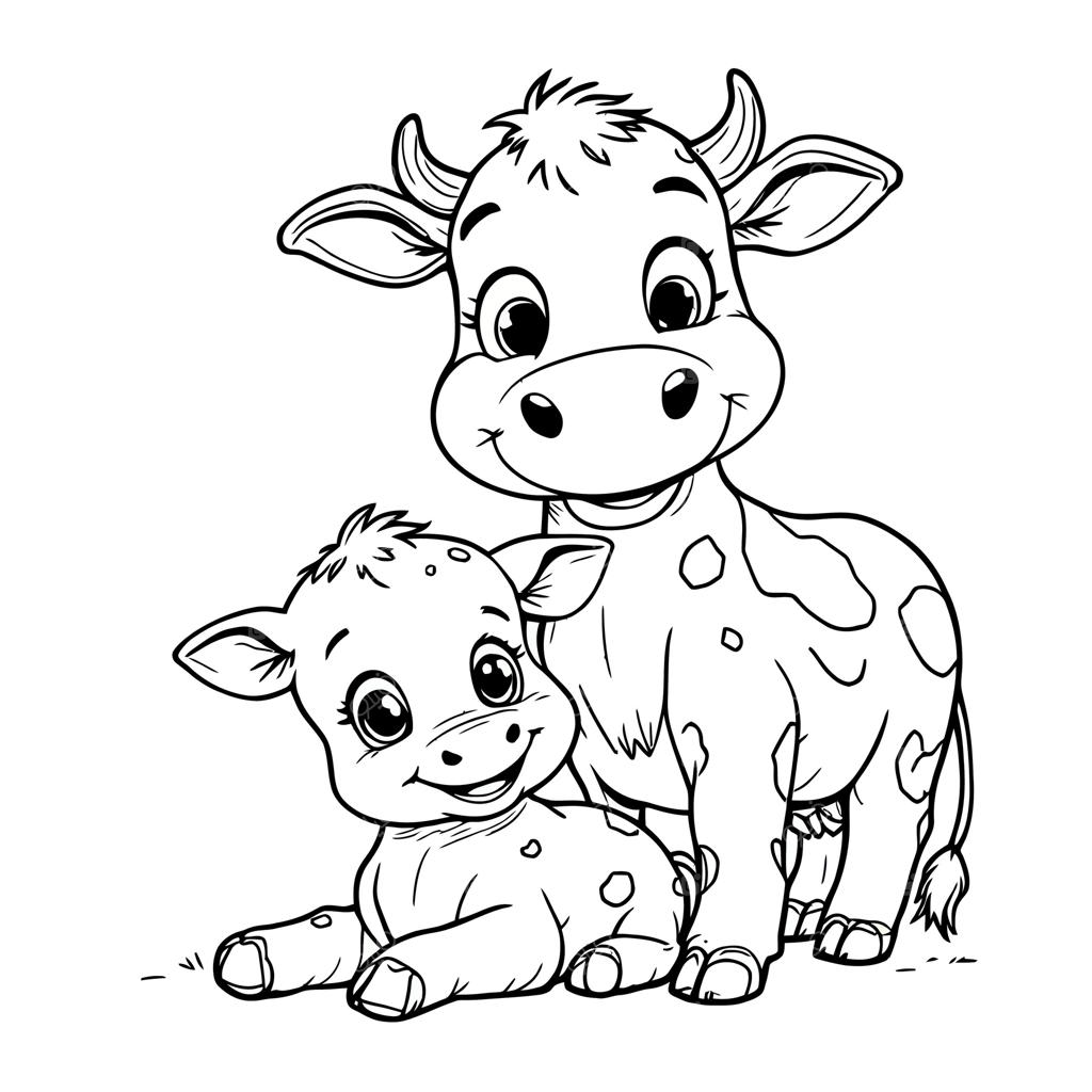 صفحه رنگ‌آمیزی خطی گاو مادر و بچه دوست‌داشتنی برای کودکان